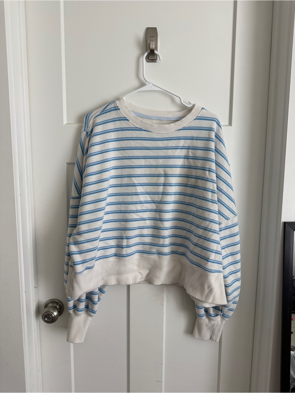 Elle Cream Crewneck Sweater with Light Blue Stripes